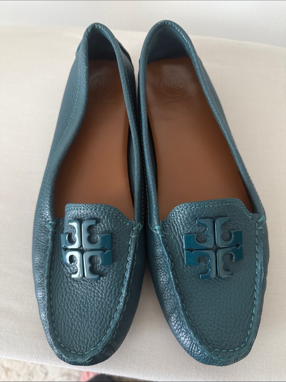 Tory Burch Teal Pebbled Leather Driver Loafers size 9